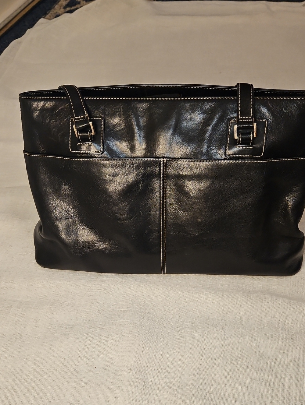 Nordstrom Black Leather Shoulder Tote with Contrast Stitching
